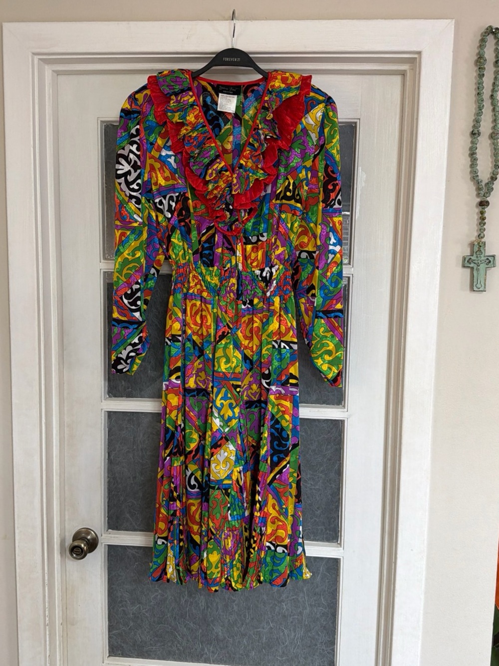 Vintage Diane Freis  Vibrant Multicolor Ruffle V-Neck Long Sleeve Dress no size